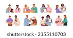 Patients visiting doctor set. Therapist consulting, health exam in hospital, clinic. Talk with practitioner, medical advice, prescription. Flat graphic vector illustration isolated on white background