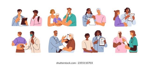 Patients visiting doctor set. Therapist consulting, health exam in hospital, clinic. Talk with practitioner, medical advice, prescription. Flat graphic vector illustration isolated on white background