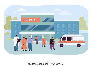 Patients and visitors walking near hospital building. Flat vector illustration. Ambulance car, medical worker, people on background of clinic. Emergency service, medicine, healthcare concept