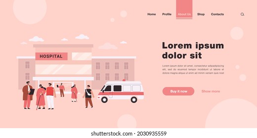 Patients and visitors walking near hospital building. Flat vector illustration. Ambulance car, medical worker, people on background of clinic. Emergency service, medicine, healthcare concept