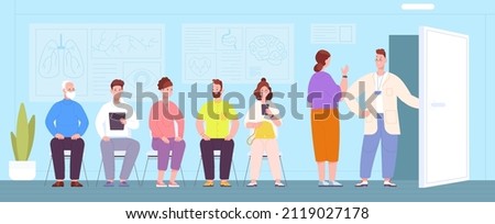 Patients wait doctor. Queue patient sit in hospital waiting room, people in seats medical clinic, appointment medic inside medicine office health, vector illustration, hospital queue patient to doctor