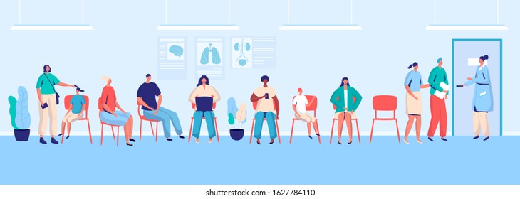 Patients waiting in clinic, people in hospital hall, vector illustration. Doctor appointment, men and women wait in queue. Healthcare center, medical clinic service. Patients sitting in waiting room