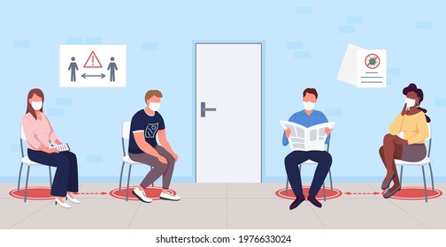 Patients waiting for coronavirus vaccine flat color vector illustration. COVID-19 vaccination. Safety measures for 2D cartoon faceless characters in masks with hospital waiting room on background