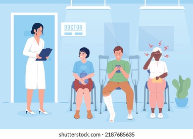 Patients waiting for doctor appointment flat color vector illustration. Queue in hospital. Healthcare. Fully editable 2D simple cartoon characters with clinic on background. Bebas Neue font used