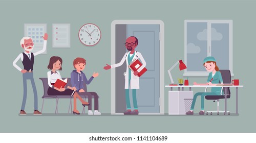 Patients waiting for doctor appointment. Many people in office on arrangement to meet, visit physician for diagnosing, treatment. Medicine, healthcare concept. Vector flat style cartoon illustration