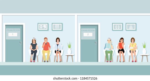 Patients waiting for doctor at front of exam room in hospital, Health care and medicalin flat design Vector illustration.
