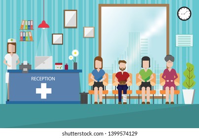 Patients Is Waiting For Doctor In The Waiting Room In Hospital.Hospital Interior.Vector Illustration.