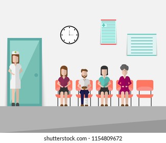 Patients Is Waiting For The Doctor In The Waiting Room In Hospital.Vector Illustration.