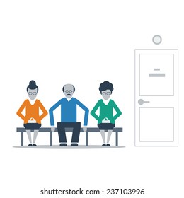 Patients waiting in line in clinic corridor, doctor appointment, awaiting people in queue, medical check up, regular examination, healthcare senior people, vector flat illustration