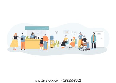 Patients waiting in line at hospital reception. Medical office queue in hall, clinic interior flat vector illustration. Medicine, healthcare concept for banner, website design or landing web page