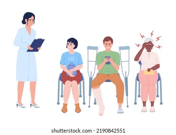 Patients waiting in reception room semi flat color vector characters. Editable figures. Full body people on white. Service simple cartoon style illustrations for web graphic design and animation