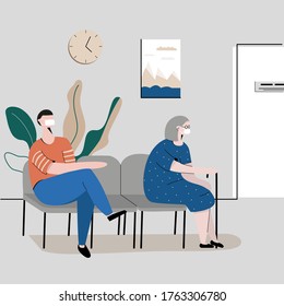 Patients in waiting room in hospital. Health care and medical illustration. Vector flat illustration