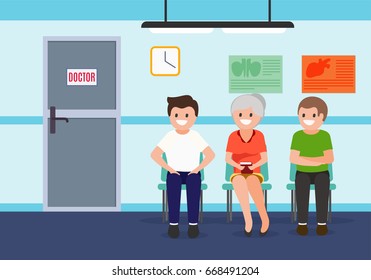 Patients In Waiting Room In Hospital. Health Care  And Medical Illustration. Vector.