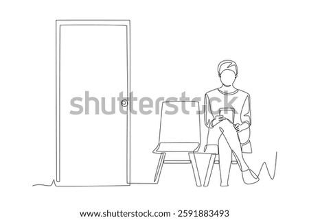 Patients waiting while playing with their smartphones in the clinic waiting room. Waiting in the clinic waiting room concept one-line drawing