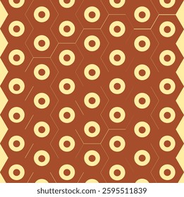pati,indonesia - Maret 08 2025 : Seamless hexagonal pattern with earthy brown and beige tones, featuring circular accents for a retro, geometric design.