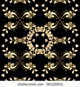 Patina. Black backdrop with gold trim. Furniture in classic style. Luxury furniture. Pattern on black background with golden elements. Small depth of field. Seamless element woodcarving. Carving.