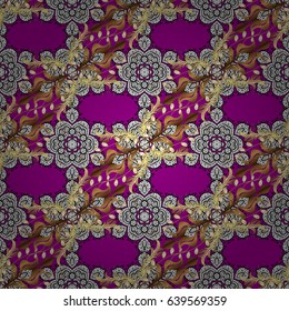 Patina. Carving. Small depth of field. Pattern on magenta background with golden elements. Furniture in classic style. Seamless element woodcarving. Magenta tree with gold trim. Luxury furniture.