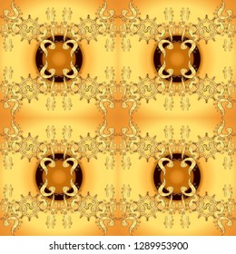 Patina. Orange and yellow backdrop with gold trim. Seamless. Carving. Small depth of field. Luxury furniture. Pattern on orange and yellow colors with golden elements. Furniture in classic style.