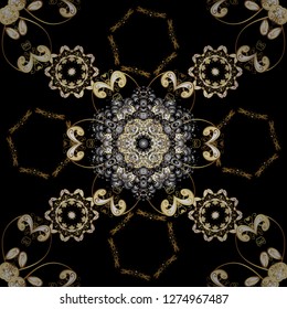 Patina. Seamless element woodcarving. Pattern on black and gray colors with golden elements. Furniture in classic style. Luxury furniture. Carving. Black and gray backdrop with gold trim.