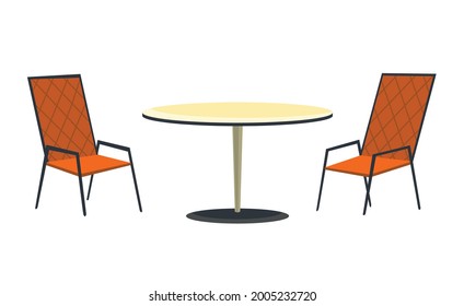 Patio Area. Cafe And Garden Furniture Table And Chairs Isolated On A White Background. Summer Outdoor Meet Place. Coffeehouse Or Restaurant Open Area