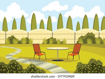 Patio area with cartoon table and chairs. Sunny courtyard area with green grass. Outdoor cartoon backyard background vector illustration
