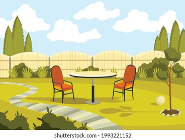 Patio area with cartoon table and chairs. Sunny courtyard area with green grass. Outdoor cartoon backyard background vector illustration