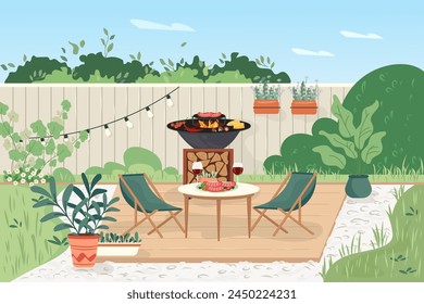 Patio area with cooking grill. House backyard with outdoor kitchen, green plants Garden modern furniture for barbecue and picnic. Outdoor furnished yard for BBQ summer parties Flat vector illustration