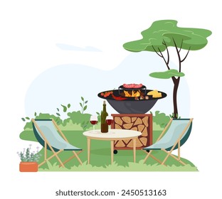 Patio area with cooking grill. House backyard with outdoor kitchen, green plants Garden modern furniture for barbecue and picnic. Outdoor furnished yard for BBQ summer parties Flat vector illustration