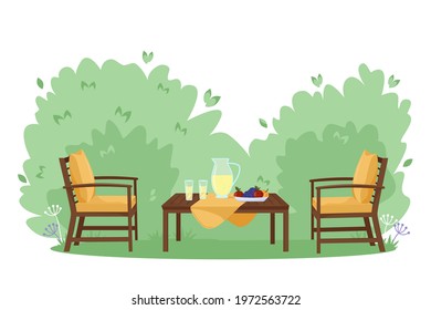 Patio area flat vector illustration. House backyard with green grass lawn, trees and bushes. Cartoon table and chairs garden modern furniture. Outdoor furnished yard for BBQ summer parties