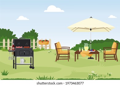 Patio area flat vector illustration. House backyard with green grass lawn, trees and bushes. Cartoon table and chairs garden modern furniture. Outdoor furnished yard for BBQ summer parties