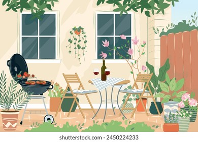 Patio area flat vector illustration. House backyard with cooking grill, green plants, trees. Garden modern furniture for barbecue and picnic. Cartoon outdoor furnished yard for BBQ summer parties