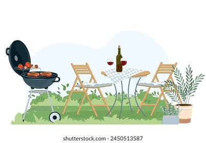 Patio area flat vector illustration. House backyard with cooking grill, green plants, trees. Garden modern furniture for barbecue and picnic. Cartoon outdoor furnished yard for BBQ summer parties