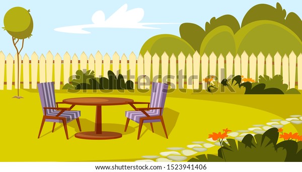 Patio area flat vector illustration. House\
backyard with green grass lawn, trees and bushes. Cartoon table and\
chairs garden modern furniture. Outdoor furnished yard for BBQ\
summer parties