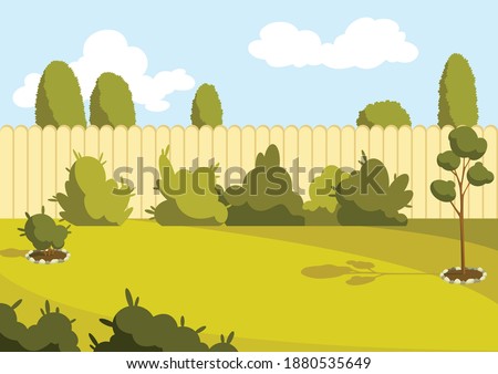 Patio area. Sunny back yard with green lawn, fence and trees. Home suburb patio or courtyard area with grass. Outdoor cartoon backyard background vector illustration