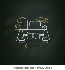 Patio Dining Chalk Icon. Outdoor Dining Space. Forced Distance. Regulation Through Covid19. Restaurants New Normal Concept. Isolated Vector Illustration On Chalkboard