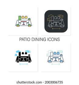 Patio dining icons set.Outdoor dining space. Forced distance. Regulation through covid19. Restaurants new normal.Collection of icons in linear, filled, color styles.Isolated vector illustrations