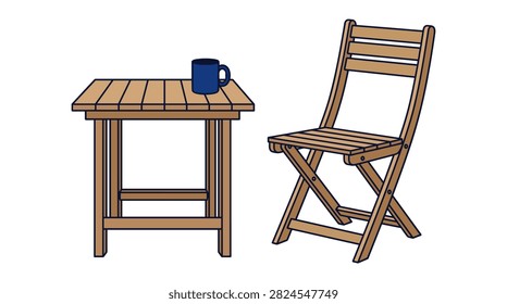 Patio dining set, portable outdoor furniture, folding chair with wooden table, breakfast scene with cup, garden leisure set.