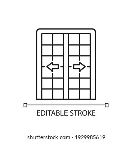 Patio doors linear icon. Sliding glass door. Architecture, construction. Large window opening. Thin line customizable illustration. Contour symbol. Vector isolated outline drawing. Editable stroke