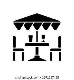 Patio Furniture And Accessories Black Glyph Icon. Outdoor Lounge Furniture. Patio Umbrellas. Comfortable Outdoor Living Space. Silhouette Symbol On White Space. Vector Isolated Illustration