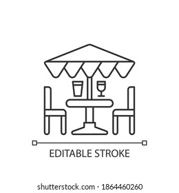 Patio Furniture And Accessories Linear Icon. Outdoor Lounge Furniture. Patio Umbrellas. Thin Line Customizable Illustration. Contour Symbol. Vector Isolated Outline Drawing. Editable Stroke