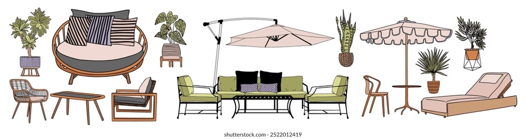 Patio furniture colored drawings Set. Outdoor, porch zone, garden yard interior elements, rattan armchairs, tables, daybed, umbrella, sunbed isolated. Outline vector hand drawn illustrations isolated.