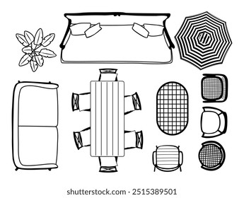 Pátio Mobiliário contorno vista superior. Conjunto de elementos de arte de linha para interior, projeto de paisagem acima do plano de vista. Overhead contornos sofás ao ar livre, poltronas, planta, mesas. Coleção Vetor Isolada.