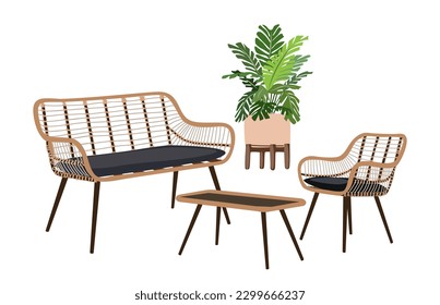 Patio furniture Set. Outdoor, porch zone furniture with potted plant vector illustration. Realistic garden yard interior elements, rattan armchair, sofa, coffee table isolated on white background