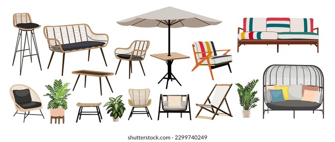 Mobiliario de patio. Al aire libre, zona de porche, mobiliario de jardín con ilustraciones de macetas. Vector realista acogedor jardín elementos interiores, sillones de mimbre, mesas, sofás, sombrillas aisladas