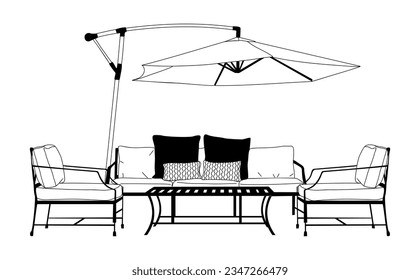 Mobiliario de patio. Al aire libre, zona de porche, elementos interiores de jardín, sillones, mesa, sofá, paraguas. Ilustración vectorial de línea dibujada a mano, boceto de tinta negra aislado en fondo blanco