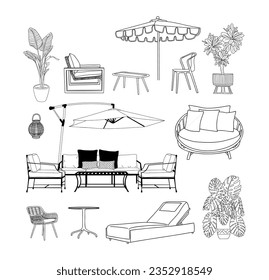 Mobiliario de patio. Al aire libre, zona de porche, elementos interiores de jardín, sillones, mesa, sofá, paraguas. Ilustración vectorial de línea dibujada a mano, boceto de tinta negra aislado en fondo blanco