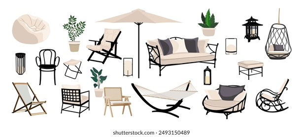 Patio furniture Set. Outdoor, porch zone, garden furniture with potted plants illustrations. Realistic vector cozy garden yard interior elements, lounger, armchairs, tables, sofas, umbrellas, lanterns