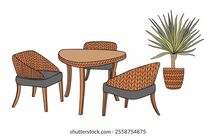 Patio furniture Set. Outdoor, porch zone, garden furniture with potted plant illustrations. Vector cozy garden yard interior elements, rattan armchairs, table isolated on white background