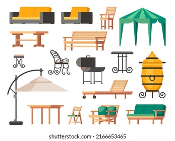 Patio furniture. Summer terrace chair table sofa umbrella, garden and veranda lounge icons with backyard barbecue grill. Vector isolated set. Modern furnishing elements for relaxation