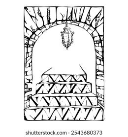 Pátio arco jardim abrindo portal com azulejos geométricos azulejos e escadas degraus, pendurando lanterna de ferro fundido. Ilustração de vetor de tinta desenhada à mão. Isolado único elemento para viagem, decoração de jardim de casa